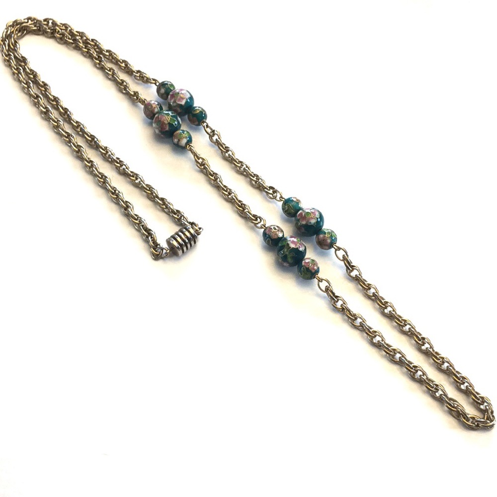 Vintage Floral Cloisonné Bead & rope chain Necklace wear long or doubled